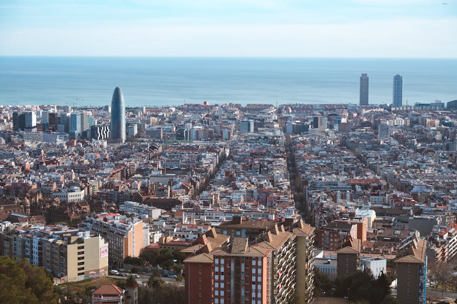 Panoramic aerial shot of Barcelona's cit