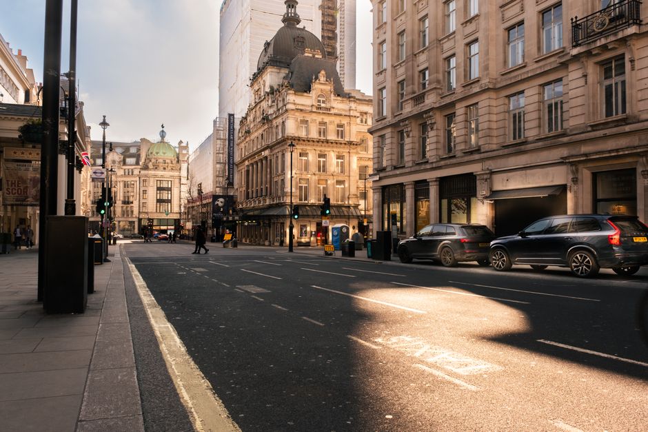 A sunlit street in London's historic dis
